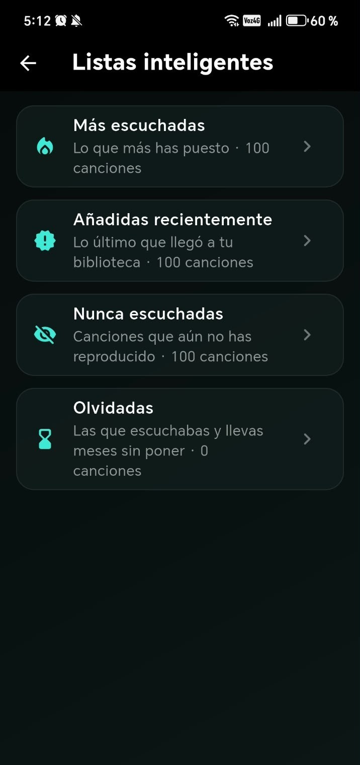 Listas inteligentes: más escuchadas, añadidas recientemente, nunca escuchadas y olvidadas